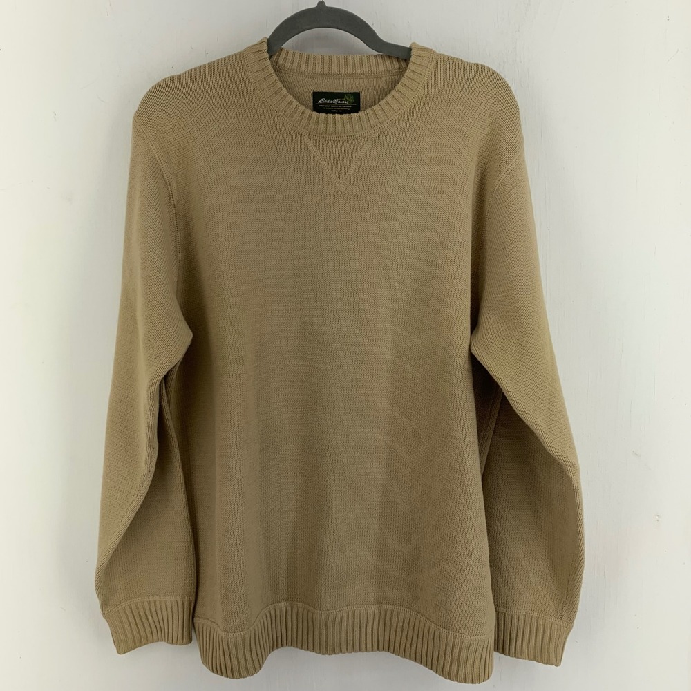 Eddie Bauer Mens Medium Tan Cotton Crewneck Shaker Knit Sweater Gorp Norm Preppy